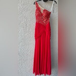 New Sherri Hill One Shoulder Embellished Red Evening Prom Gown Maxi dress Sz 0